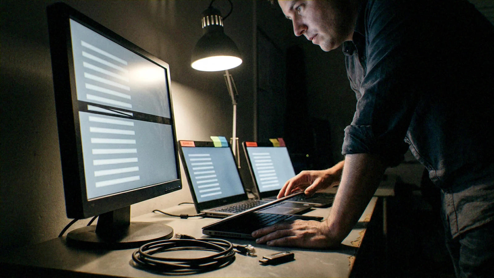 A human operator (system administrator, security analyst, or developer), multiple computing devices (desktop monitor and laptops), network infrastructure (Ethernet cabling), and portable storage media (USB drive). Active human-machine interaction involving real-time monitoring.