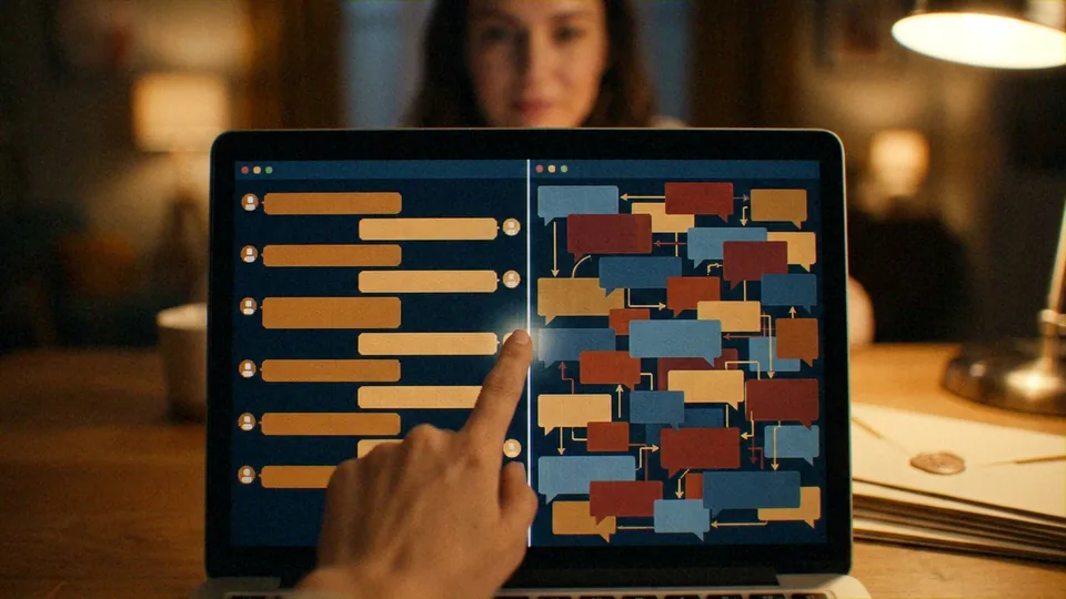 ['An analyst or investigator', 'Multiple unidentified communicators represented by message bubbles']. The analyst is actively monitoring, mapping, and analyzing the interpersonal connections between the various communicators.. Digital Forensics and Data Visualization.