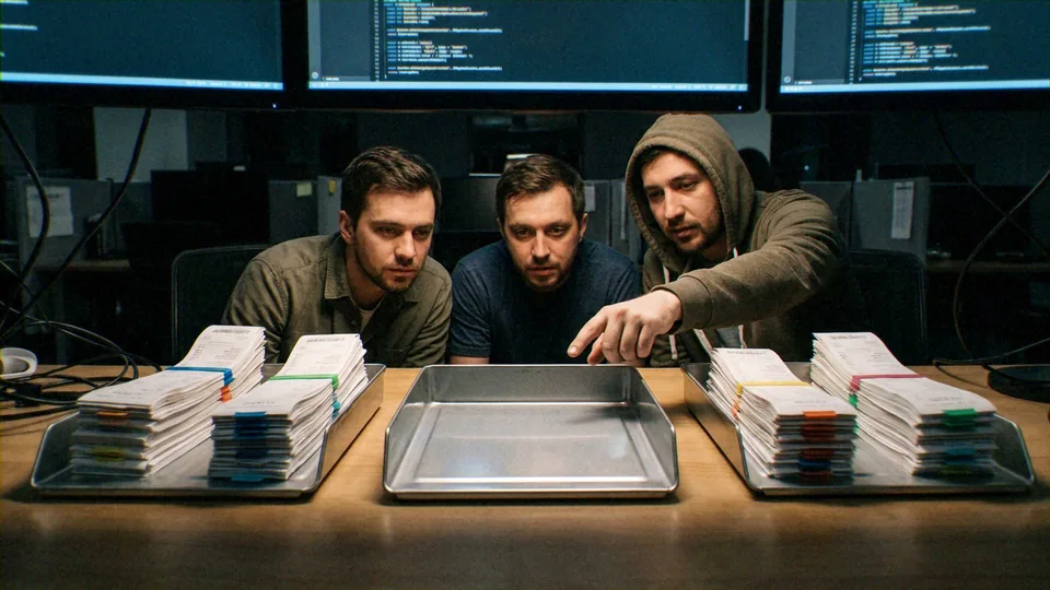 Three human analysts, computer systems (displaying code), and physical documentation (stacks of receipts). An investigative or reconciliatory process comparing physical transaction records against digital system logic. Financial auditing, data analysis, or software engineering.