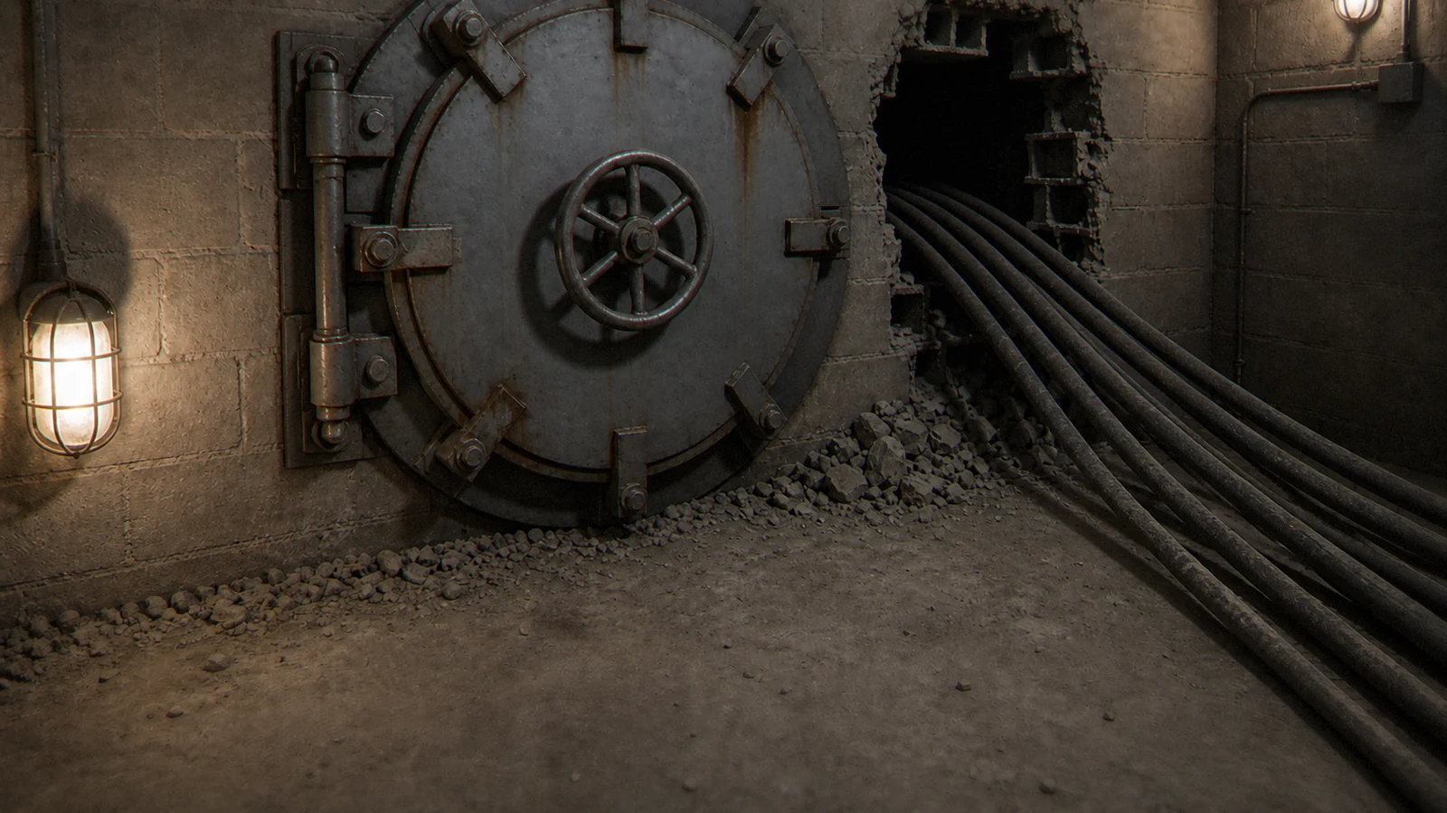 A large circular metal vault door with a spoked wheel handle stands closed beside a hole broken through a concrete block wall, with thick black cables running through it.