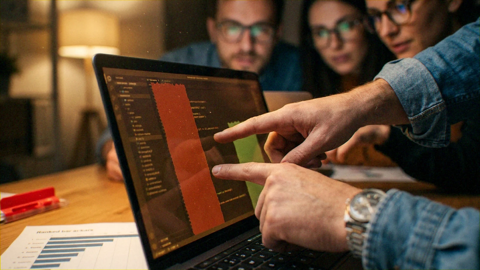 Several adult colleagues (at least three visible, two wearing glasses) clustered around one laptop; one person in a rolled denim shirt with a metal wristwatch points at the screen while another finger also indicates the display; the laptop runs a code editor.. Coworkers.