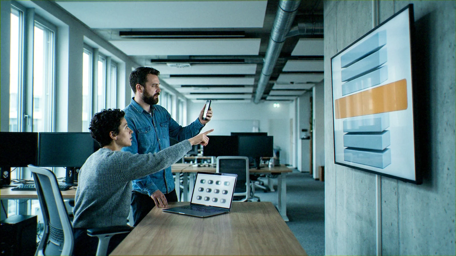 Two colleagues — a seated woman in a gray sweater pointing at a display, a standing bearded man in a denim shirt holding a smartphone — plus a wall-mounted dashboard screen and a laptop showing a settings/toggle interface. Coworkers collaborating in person, jointly examining and.