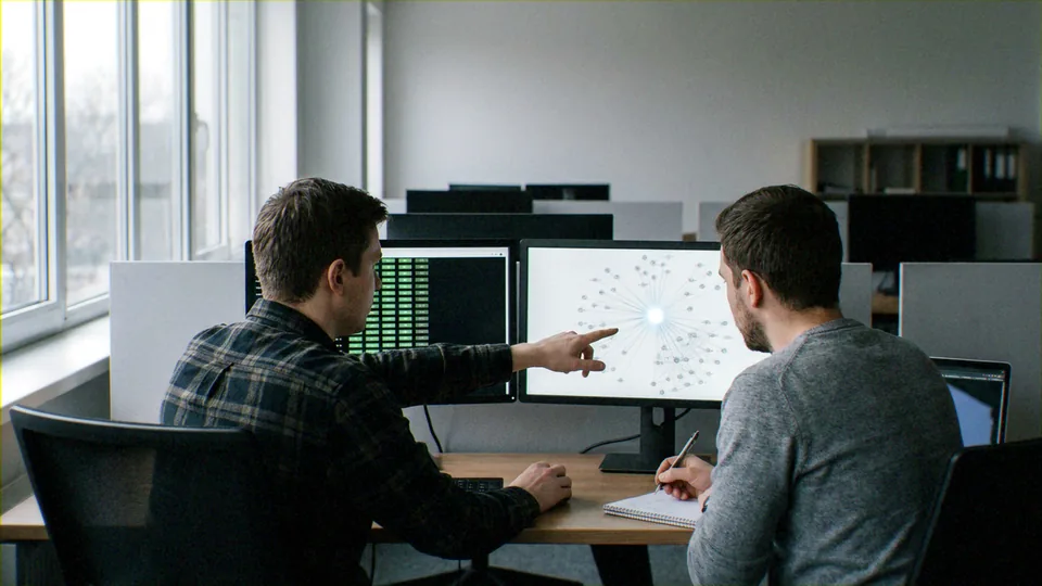 ['Two male professionals (likely developers or analysts)', 'Computer hardware (dual-monitor workstation)', 'Data visualization software']. Collaborative technical analysis and peer-to-peer knowledge sharing. Information Technology and Software Engineering.