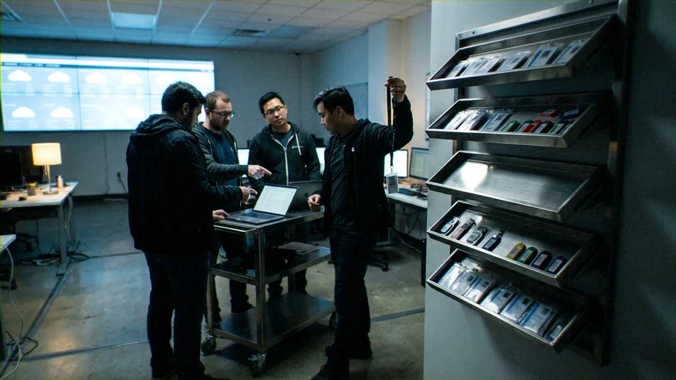 ['A team of four male analysts or operators', 'A centralized physical identity management system (ID badge rack)', 'A mobile digital workstation (laptop on a utility cart)']. Collaborative forensic analysis where one team member presents physical evidence (an ID badge) for.