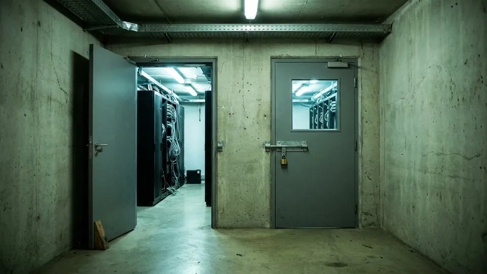Two identical gray steel doors in a bare concrete corridor: the left one propped open with a wooden wedge onto a lit room of black server racks, the right one shut and secured by a steel hasp and brass padlock, its small wired-glass window showing the same racks behind it.