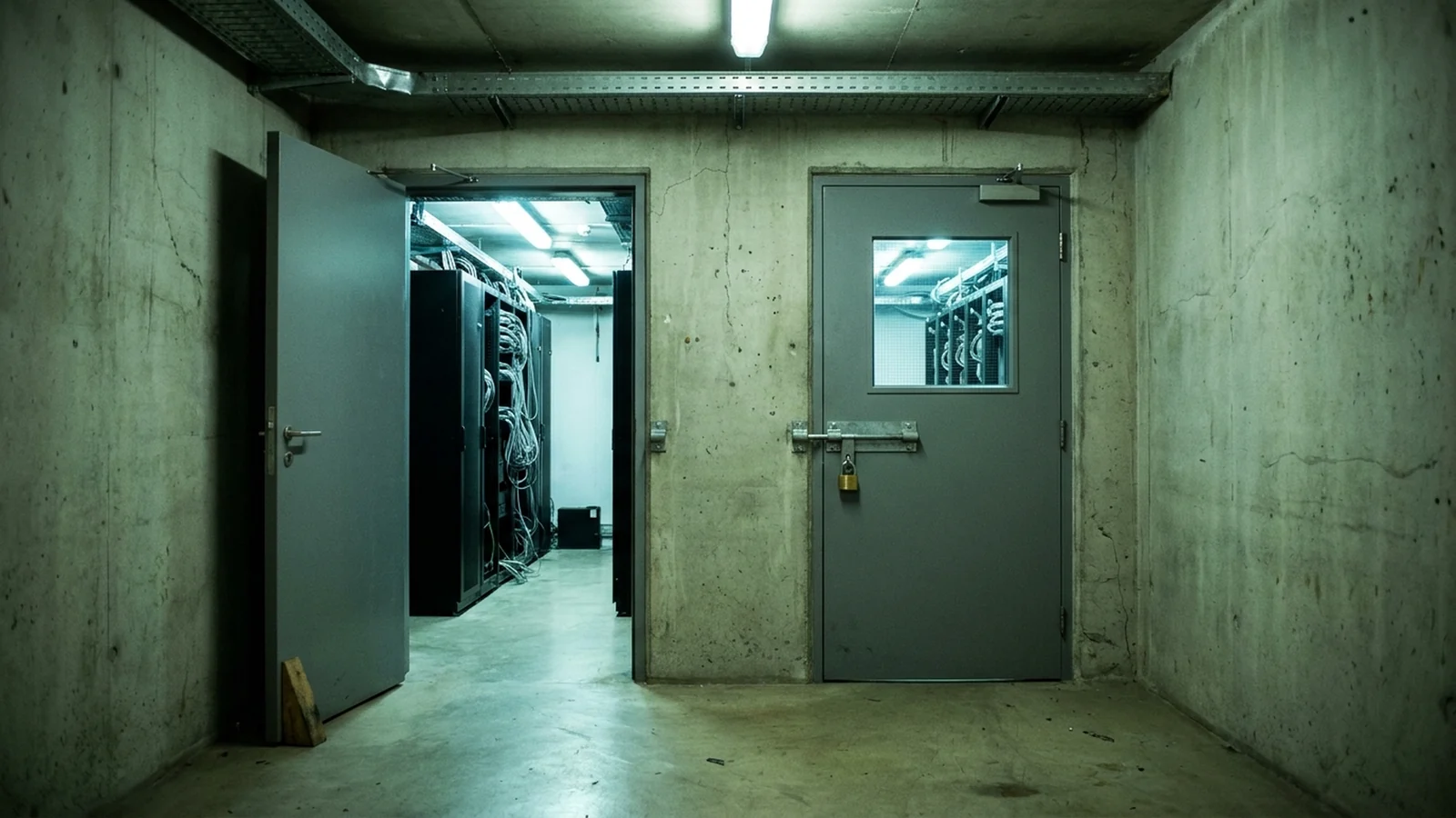 Two identical gray steel doors in a bare concrete corridor: the left one propped open with a wooden wedge onto a lit room of black server racks, the right one shut and secured by a steel hasp and brass padlock, its small wired-glass window showing the same racks behind it.