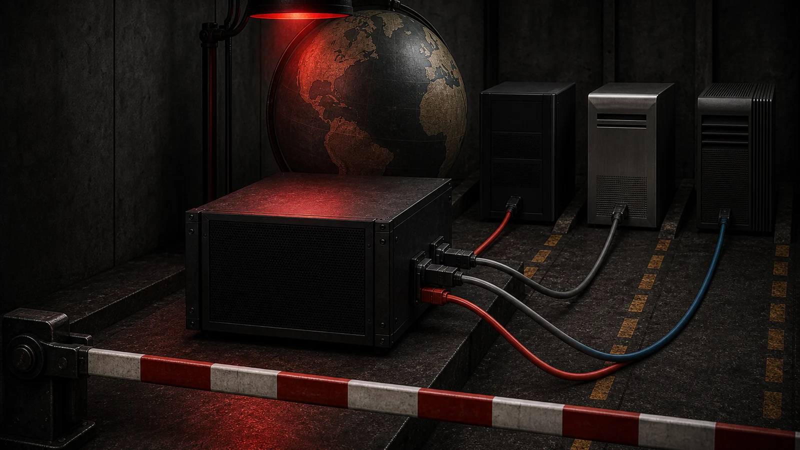 Three distinct model-provider modules connect to one orchestration server behind a lowered border checkpoint arm, with a globe under a red inspection lamp.
